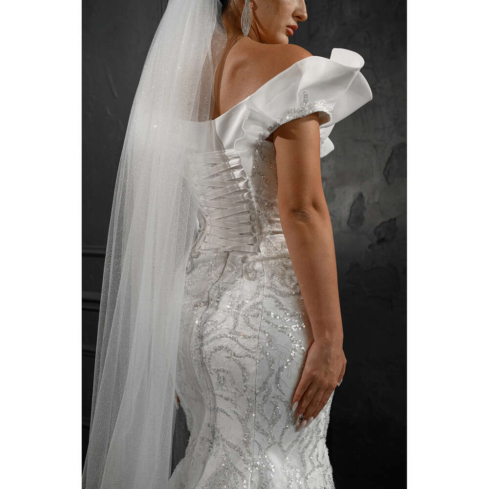 Sweetheart Wedding Elegant Necke Dresses Mermaid Ruffle Sleeveless Whole Body Sequins Backless Court Gown Lace Up Custom Made Plus Size Vestidos De No