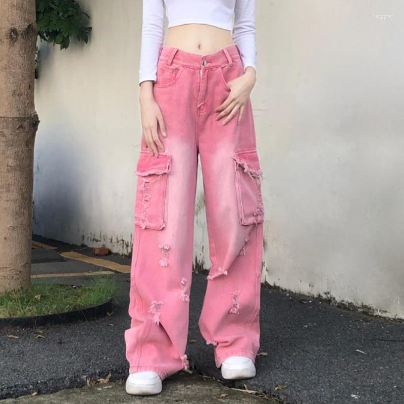 Women's Pink Jeans: High-Waist, Wide-Leg, Streetwear Fashion Pants