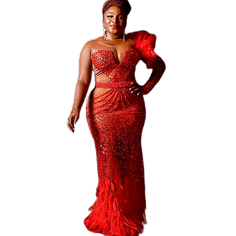 Sparkly Sequined Mermaid Evening Dresses Crystals Beading Feather Floor Length Aso Ebi Prom Dress For Women Illusion Long Sleeves Sexy Birthday Party 