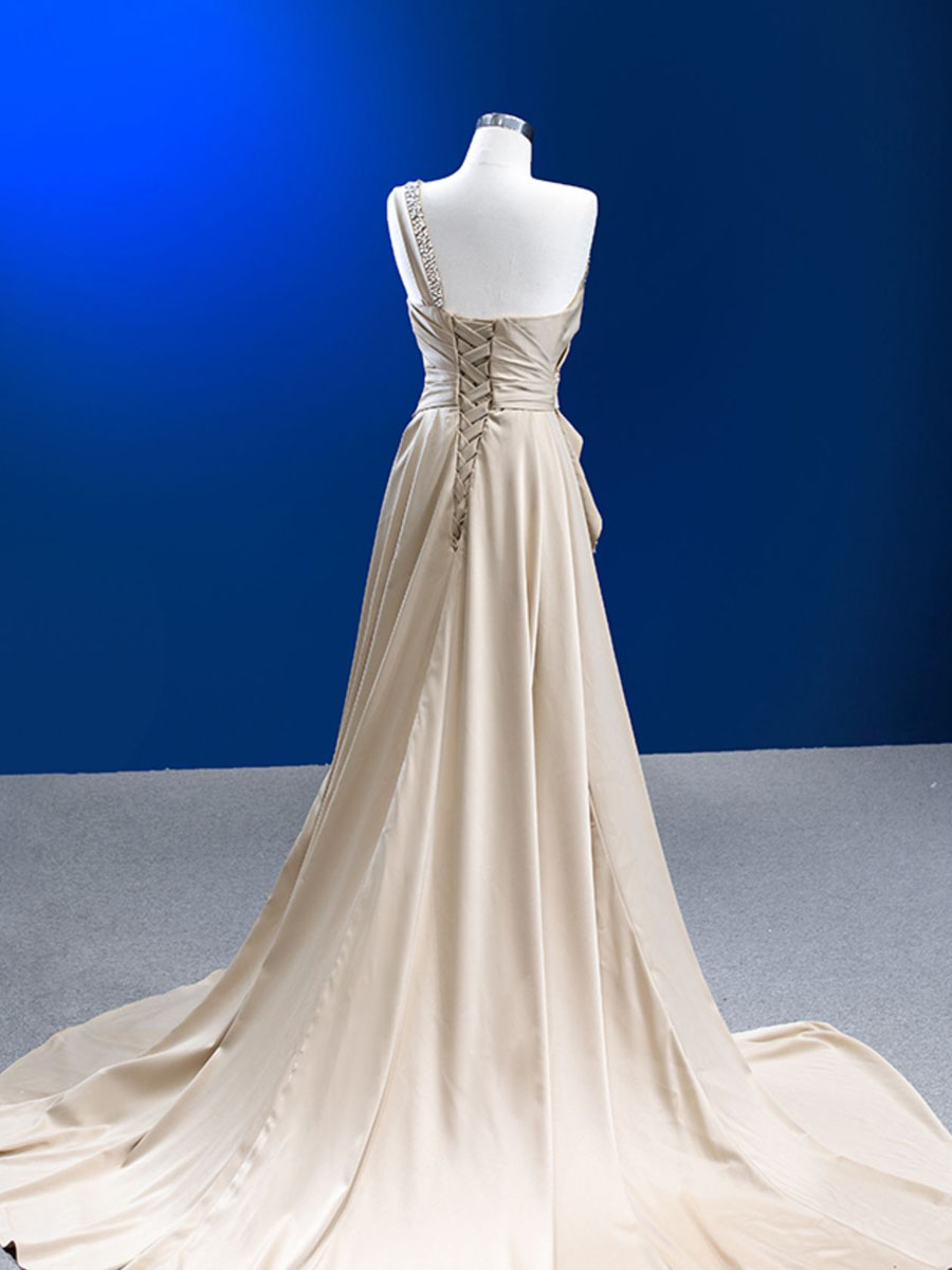 Evening Dresses 2024 Real Pictures Champagne Long Formal Dresses Elegant One Shoulder Satin with Sequins Beads Court Train Royal Blue, Burgundy, Green