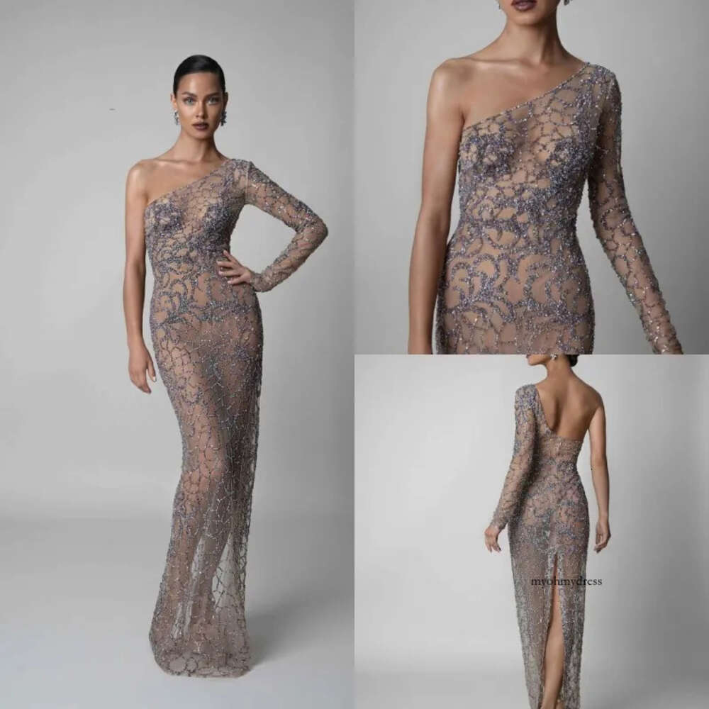 Plus Size Customized Mermaid Sleeveless Evening Dresses One Shoulder Prom Dress Sequins Floor Length Formal Party Bridesmaid Gown 0508