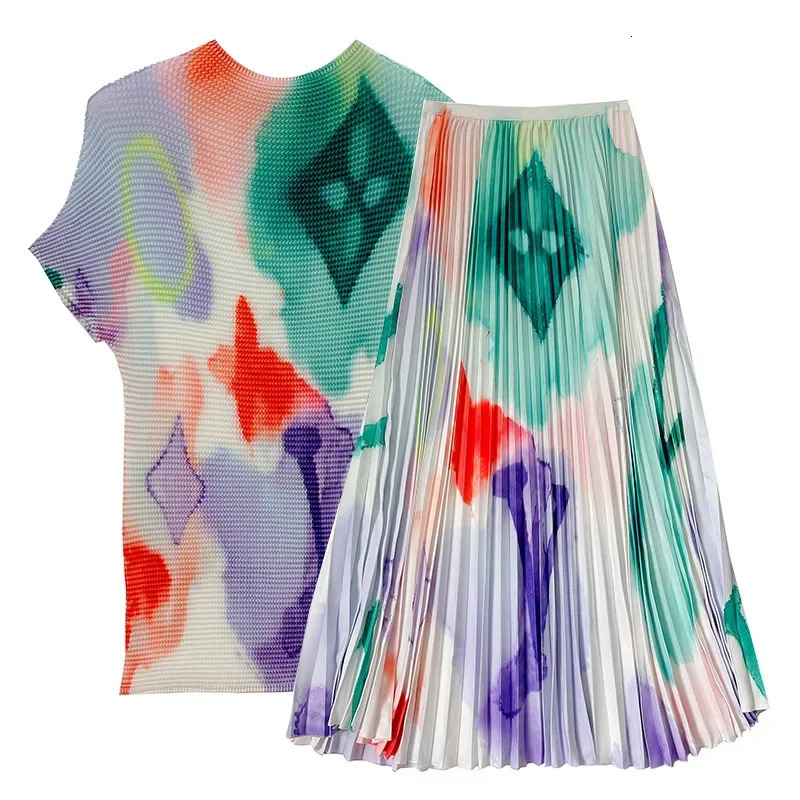 Printed Pleated Womens Summer Temperament Tofu Top Large Swing Skirt Two Piece Set 240429