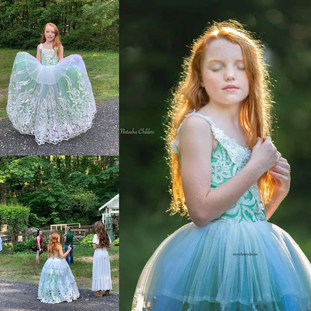 2020 New Arrival Flower Sleeveless Floor Length Ruffle Wedding Party Tulle Lace Applique Jewel Neck Princess Girl Dress 0508