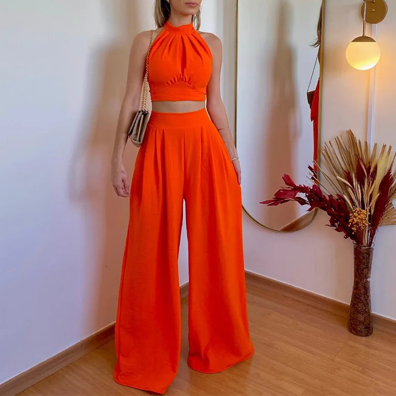 Long Pants Set Hanging Neck Top Short High Waisted Trousers Twopiece Streetwear Solid Color Casual Female Clothing Summer 240423