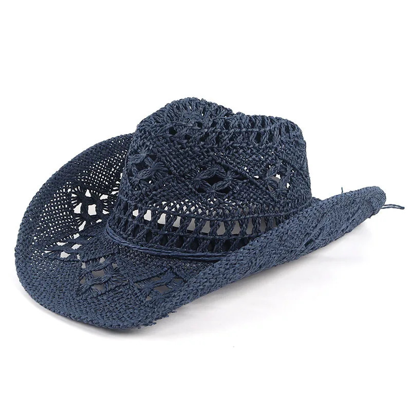 Summer Outdoor Men Women Hand-woven Western Cowboy Straw Hats Wide Brim Breathable Beach Jazz Cap Sun Protection Hat 240428