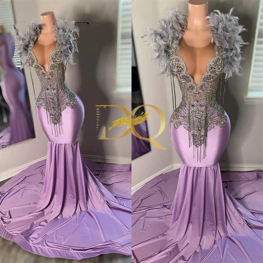 Feathers Grey Shoulder Lavender Prom Dress For Blackgirls Sier Rhies Tassel Birthday Party Dresses African Vestidos