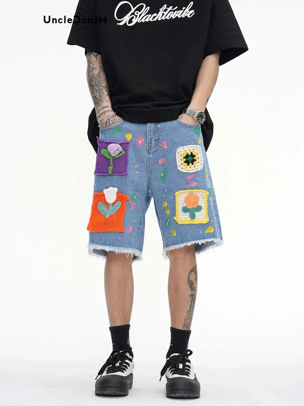 Graffiti Denim Shorts Pathches Flower Jorts Men Vibe Style Baggy Jorts Streetwear Y2k Jeans for Men 240428