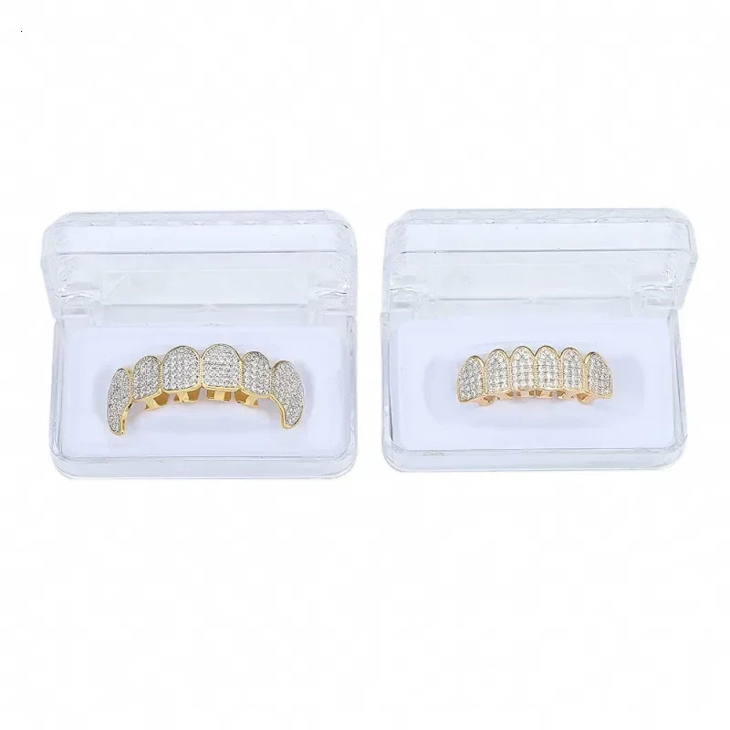 Hiphop Bling Zircon Teeth Men Women Plated Real Gold Body Jewelry Top Bottom Tooth Grills Cap Mold Kit Set Canine Shape 240504