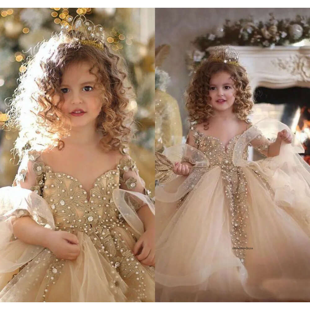 Lovely 2020 Flower Dresses Multilayer Sweetheart Off The Shoulder Wear For Wedding Pearls Rhinestone Girls Party Dress 0508