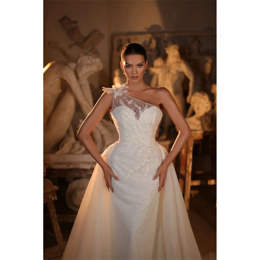 Shoulder Wedding Dresses D Glamorous Mermaid One Flower Applicants Long Sleeves Floor Length With Tulle Custom Made Plus Size Bridal Gown Vestidos De 