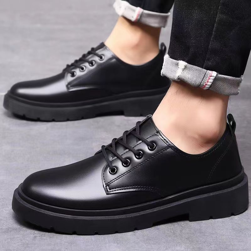 leather casual men's small Business British style workwear thick soles trendy and versatile lace up student work shoes Lhshoe