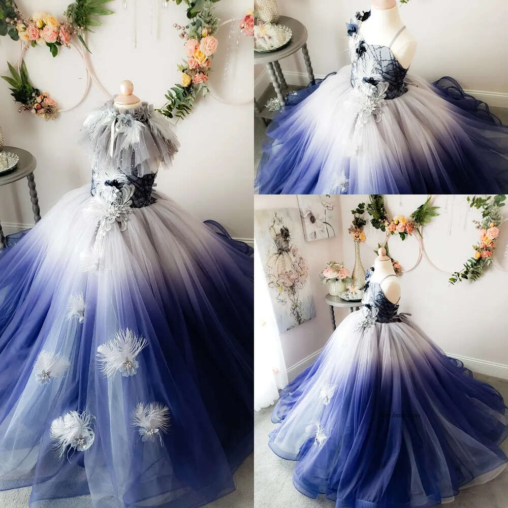 Modest Ball Gown Girl Spaghetti Sleeveless Tulle Lace Hand Made Flower Ruched Wedding Dress Floor Length Girl's Birthday Part 0508