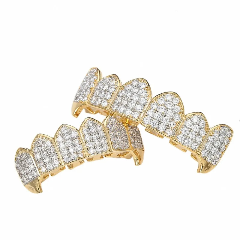Hiphop Iced Zircon Tooth for Women Men Body Piercing Jewelry Gold Cubic Zirconia Teeth Grills Bottom Top Cap Set 240504