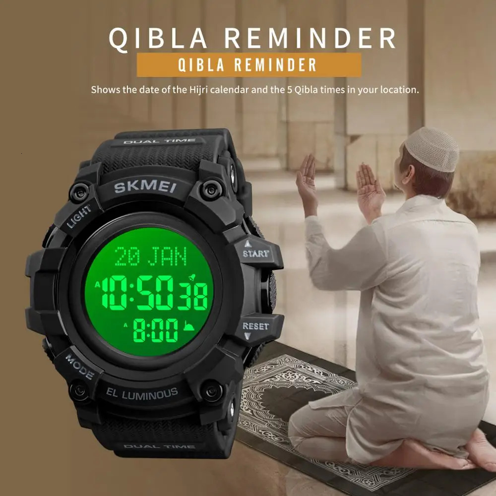 SKMEI 1680 Digital Watch Men Women Bookmark Language Selection Muslim Wristwatches Pilgrimage Time Reminder Watches For Islamic 240428