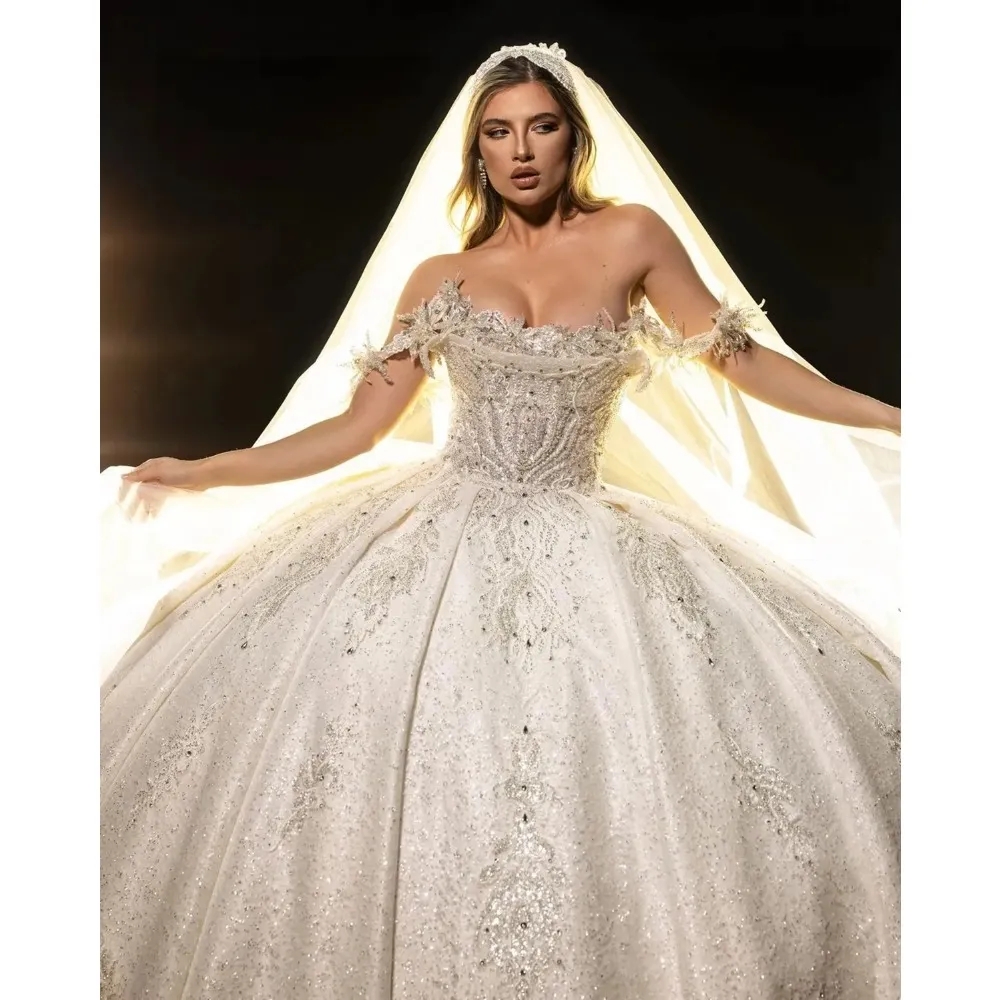 Stunningbride 2024 Luxurious Beads Arabic Wedding Dresses Ball Gown Off The Shoulder Lace Bridal Dress Applique Sequins Custom Made