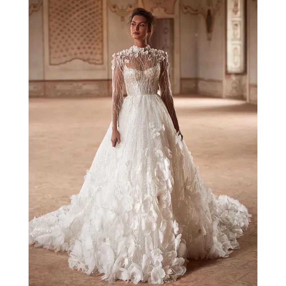 Luxury Sparkly Wedding Dresses 3D-Floral Appliques Bridal Gowns A Line Illusion Long Sleeves Sweep Train Bride Dresses Custom Made Plus Size