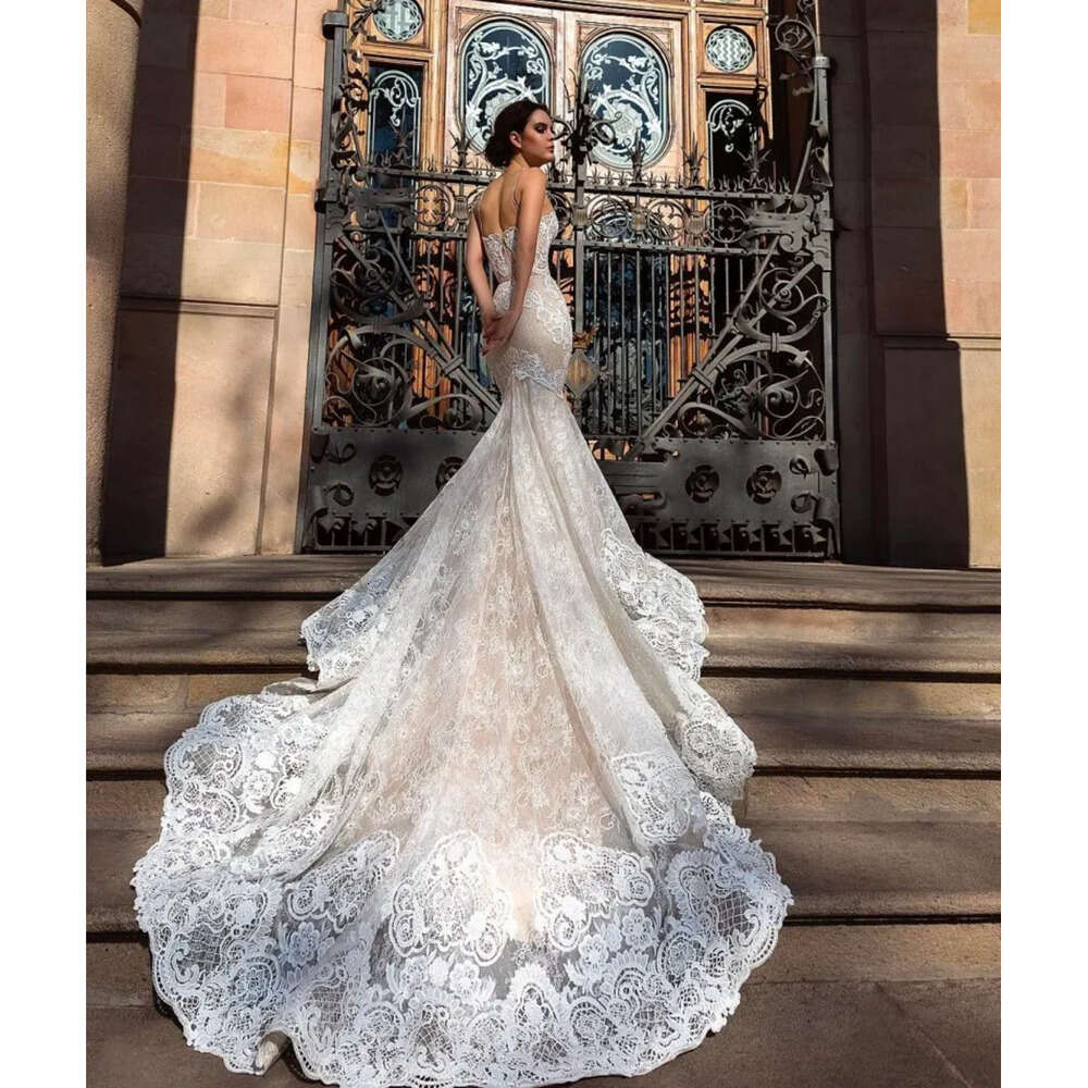 Lace Spaghetti Mermaid Sexy Dress Sleeveless Full Appliqued Backless Sweep Train Sheer Beach Wedding Dresses Bridal Gowns es