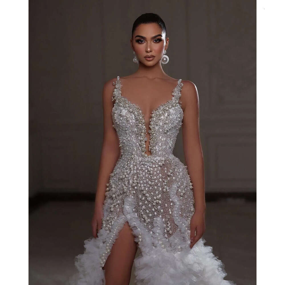 Pearls Elegant Spaghetti Mermaid Beads Wedding Dresses Lace Applicants Side Split Tulle Zipper Court Custom Made Plus Size Bridal Gown Vestidos De Nov