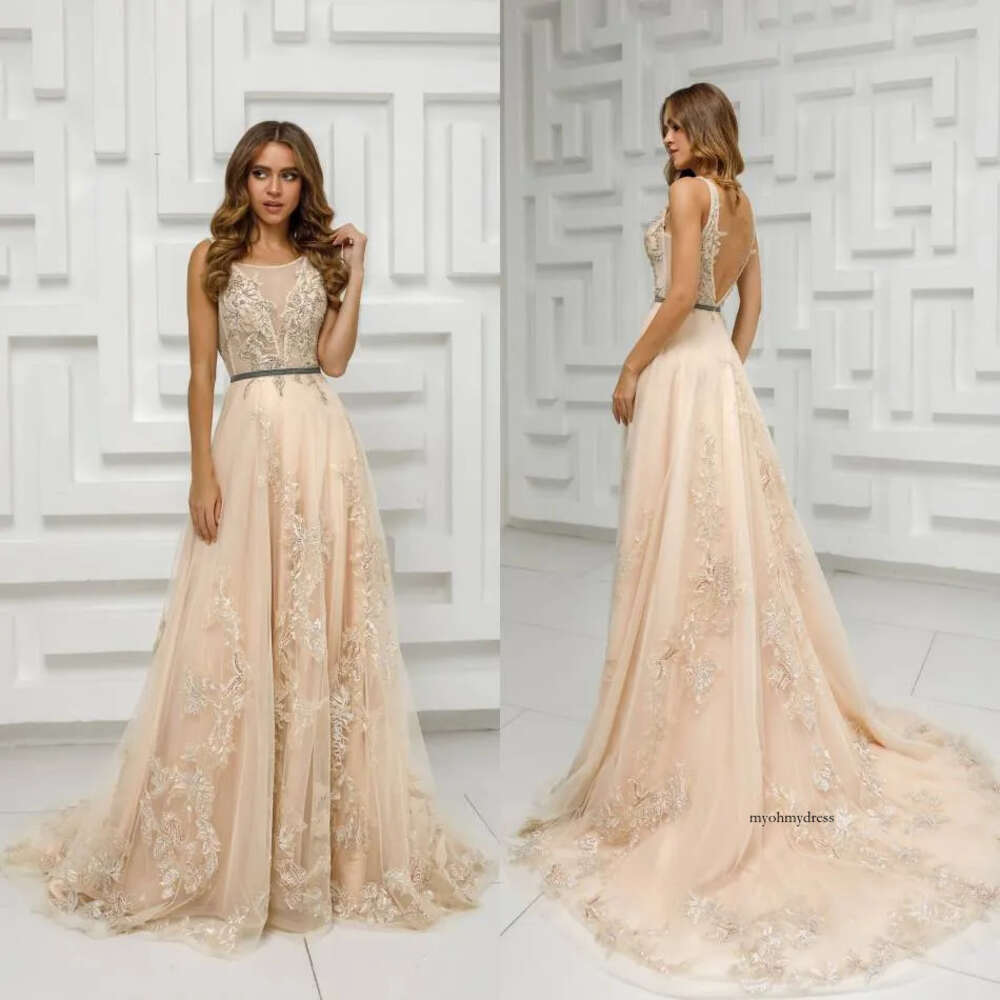 2020 Modest Beautiful Jewel Sleeveless Backless A Line Evening Lace Applique Sequins Formal Dresses Sweep Train Party Gown 0508