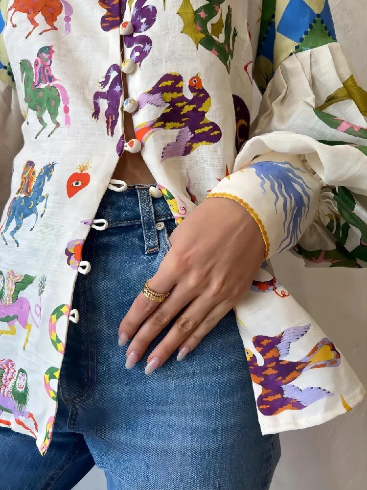 Women Printed Lantern Sleeve Shirts Turn-down Collar Tops Ladies Vintage Chic Holiday Casual Streetwear 240423