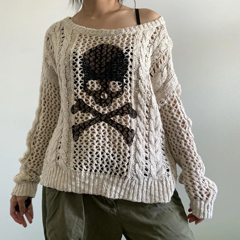 Harajuku Grunge Y2K Aesthetic Retro Jumper Skeleton Printed Hollow Knitted Sweater Autumn Full Set Handle 240426