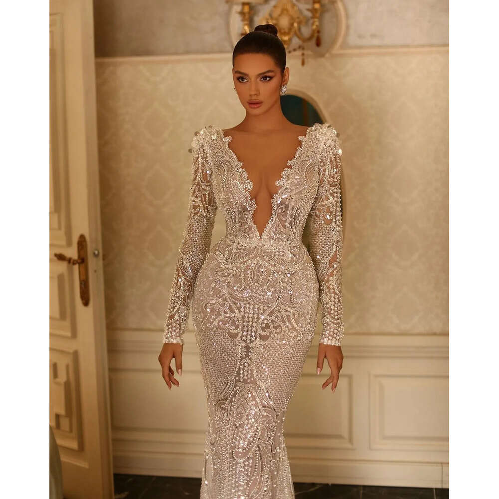 Mermaid Wedding Dress: Long Deep V-Neck Sequined Bridal Gown With Detachable Train, Custom Plus Size
