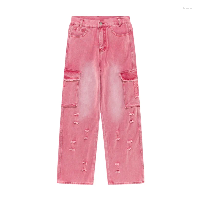 Women's Pink Jeans: High-Waist, Wide-Leg, Streetwear Fashion Pants
