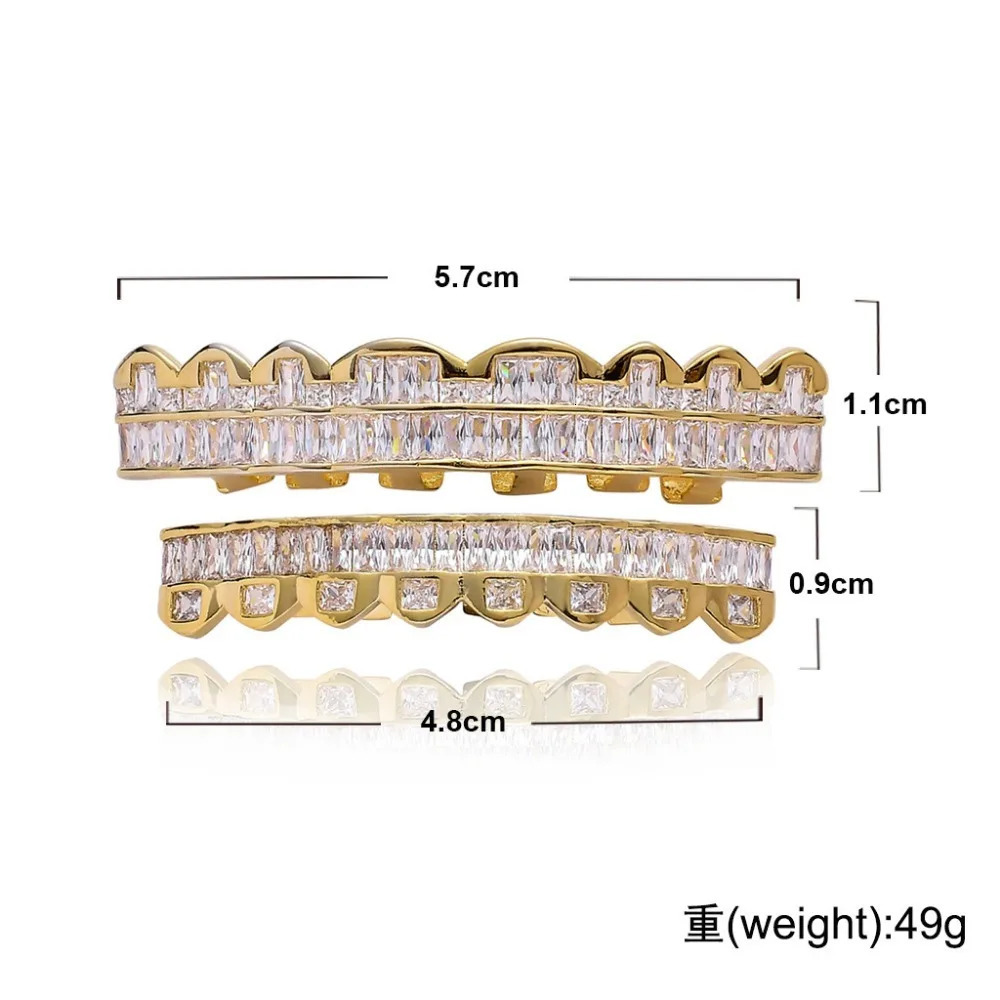 Hip Hop Iced Bling Baguette Zircon Teeth Grills for Women Men Body Piercing Jewelry Hollown Rapper Tooth 8 Top 8 Bottom 240504