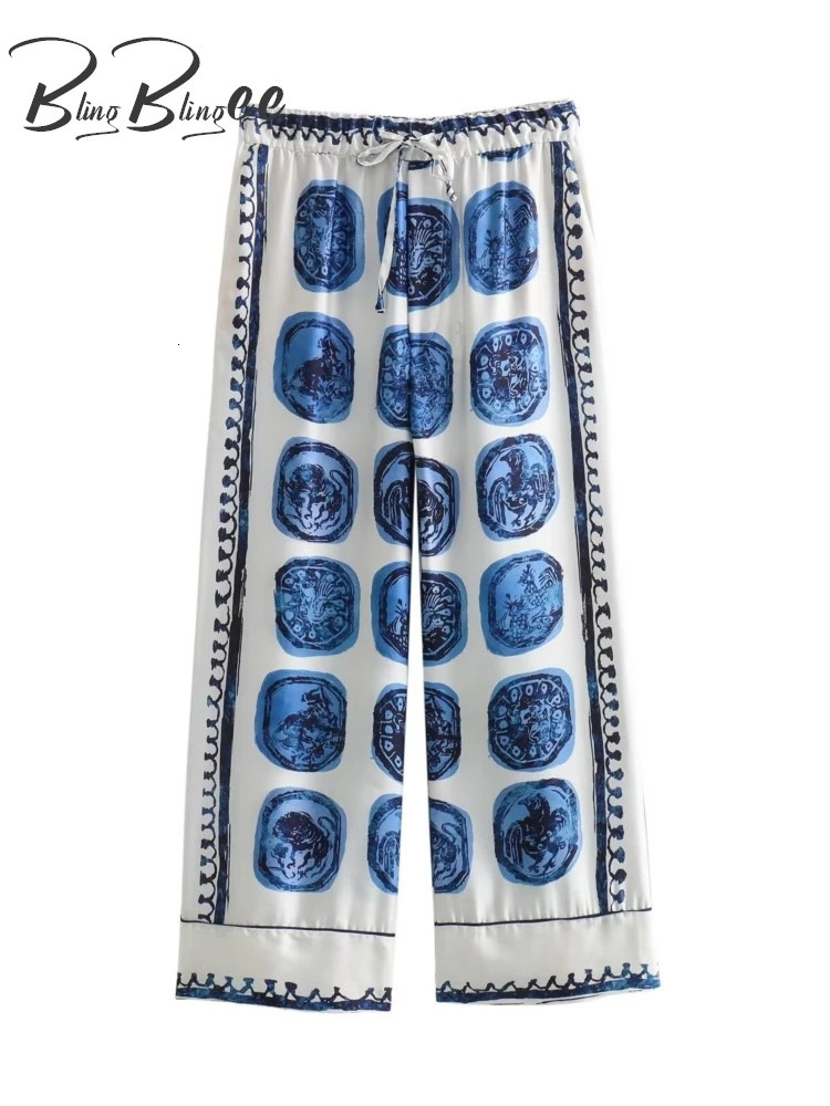 BlingBlingee Pajama Style Women Loose Shirt Suits Traf Summer Printed Long Sleeve Satin Blouse Female Wide Leg Ankle Pants Sets 240428