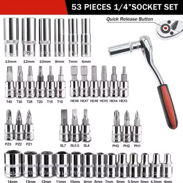 Versatile 53-PCS Socket Wrench Set with Impact Driver - Essential Home and Auto Workshop Hand Tools