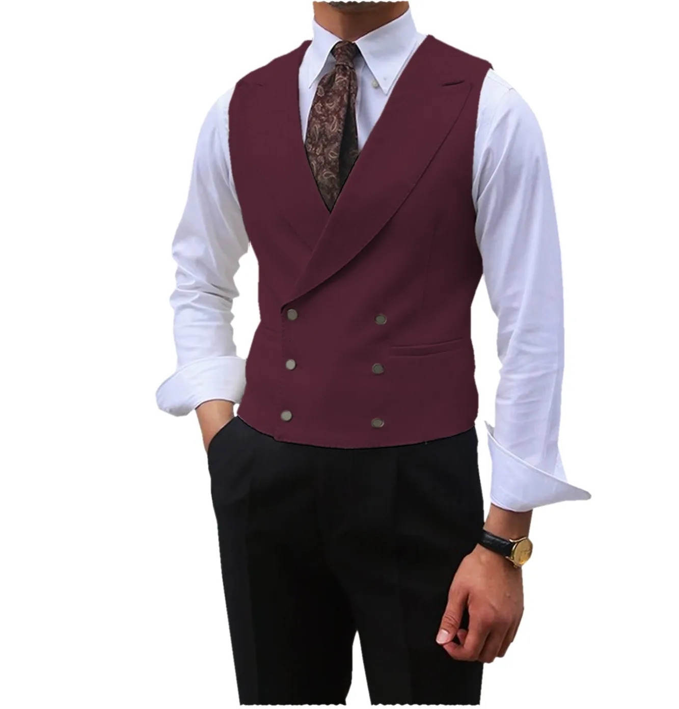 Men Vest Brown Solid Peaked Lapel Double Breasted Sleeveless Jacket Wedding Banquet Business Casual Slim Waistcoat 240507