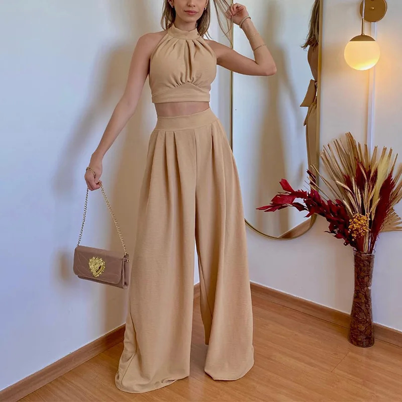Long Pants Set Hanging Neck Top Short High Waisted Trousers Twopiece Streetwear Solid Color Casual Female Clothing Summer 240423