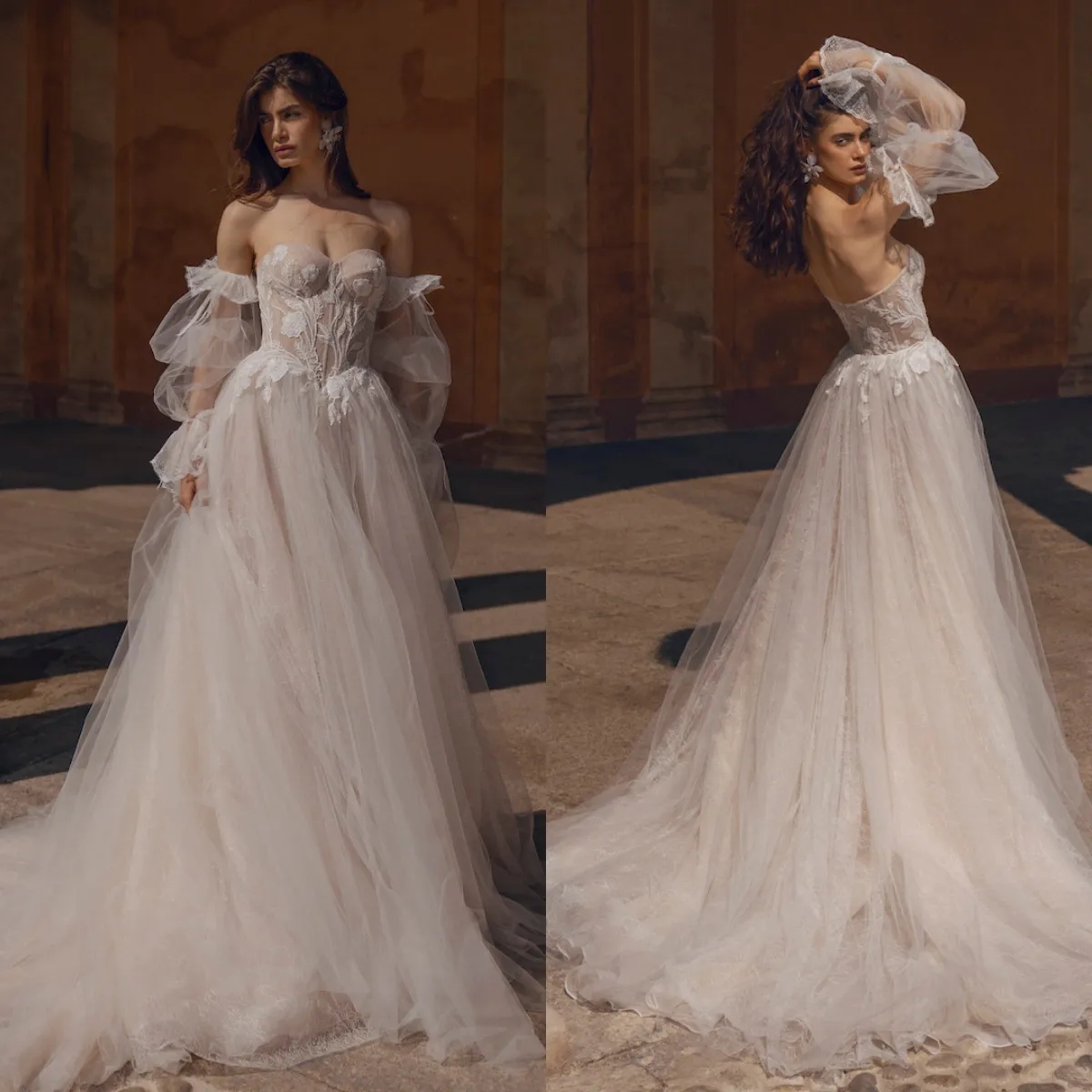 Vintage A Line 2024 Wedding Dress Tulle Lace Applique Full Long Sleeves Sweep Train Bridal Gowns