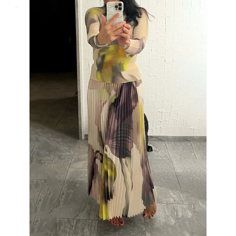 Miyake Pleated Women Suit Slim Western Print Stand Collar Long Sleeve Top Loose Slim Skirt Casual Party Two Piece Set 240429