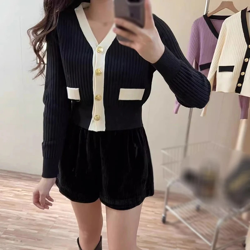 Womens Korean Version Sweater jacket V-neck Knitted Long Sleeved Cardigan Jacket 240422