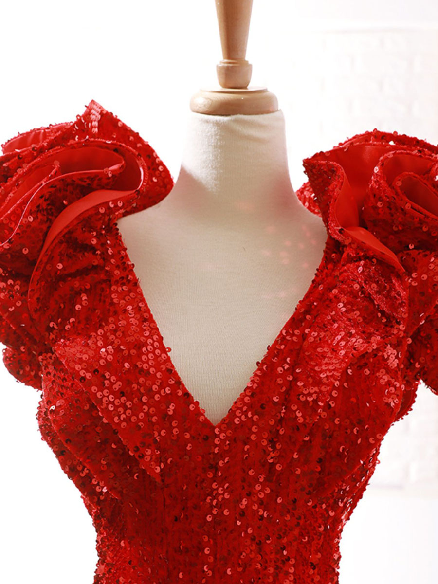 Sparkling Mermaid Evening Dresses Red 2024 New Arrival Real Pictures Runway Party Formal Dresses Deep V-Neck Lace-Up Back