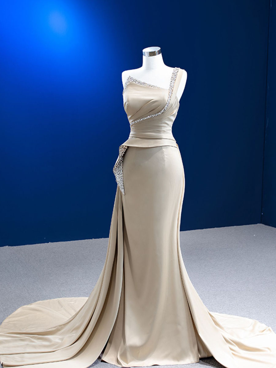 Evening Dresses 2024 Real Pictures Champagne Long Formal Dresses Elegant One Shoulder Satin with Sequins Beads Court Train Royal Blue, Burgundy, Green