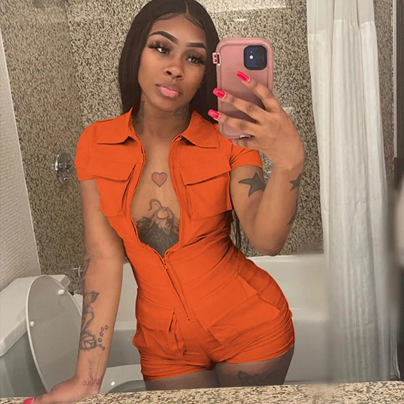 Street clothing front zipper pocket cargo jumpsuit Playsuit womens short sleeved lapel sports and leisure integrated jumpsuit shorts 240426
