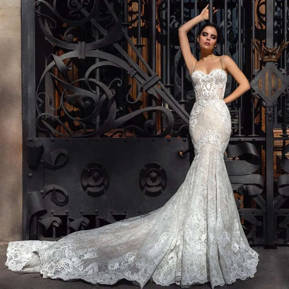 Lace Spaghetti Mermaid Sexy Dress Sleeveless Full Appliqued Backless Sweep Train Sheer Beach Wedding Dresses Bridal Gowns es