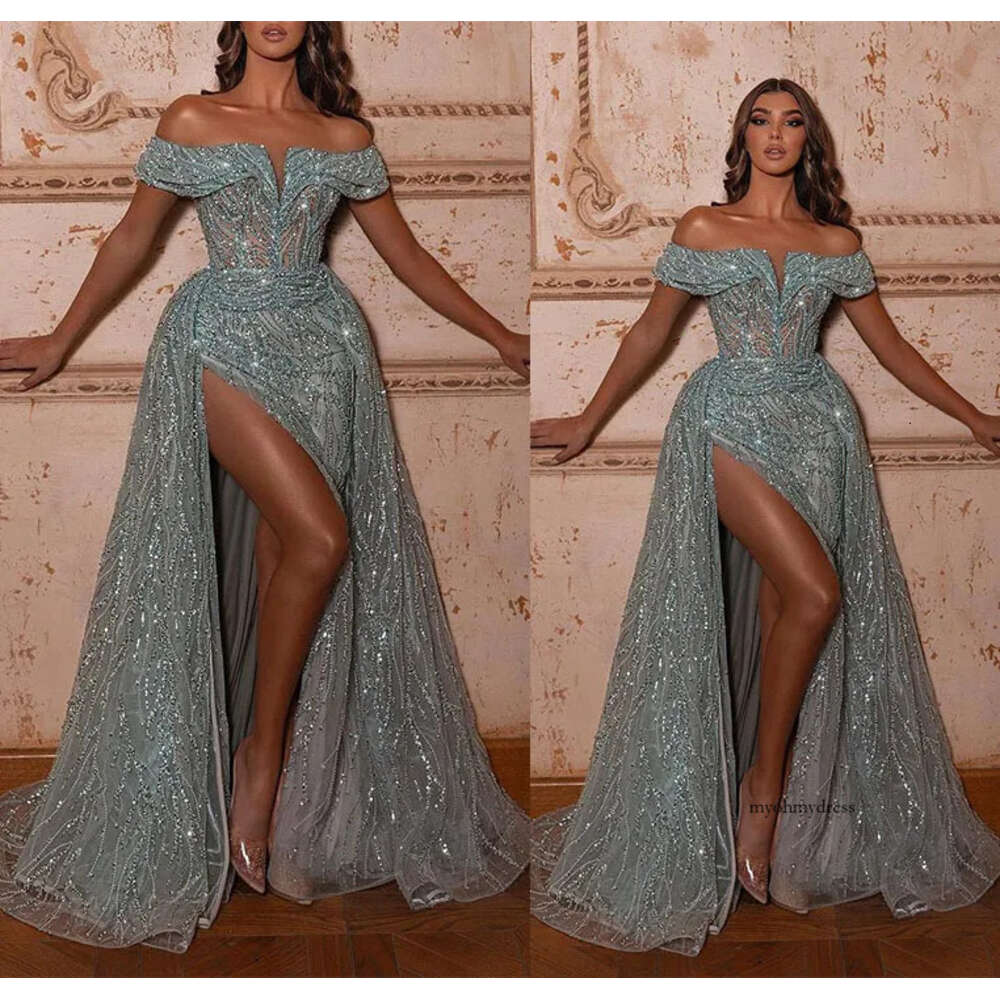 Blue Mermaid Prom Dresses: Sequined Lace Appliques Off Shoulder V Neck Strapless High Slit Party Gown