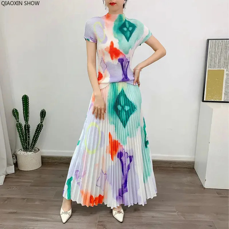 Printed Pleated Womens Summer Temperament Tofu Top Large Swing Skirt Two Piece Set 240429