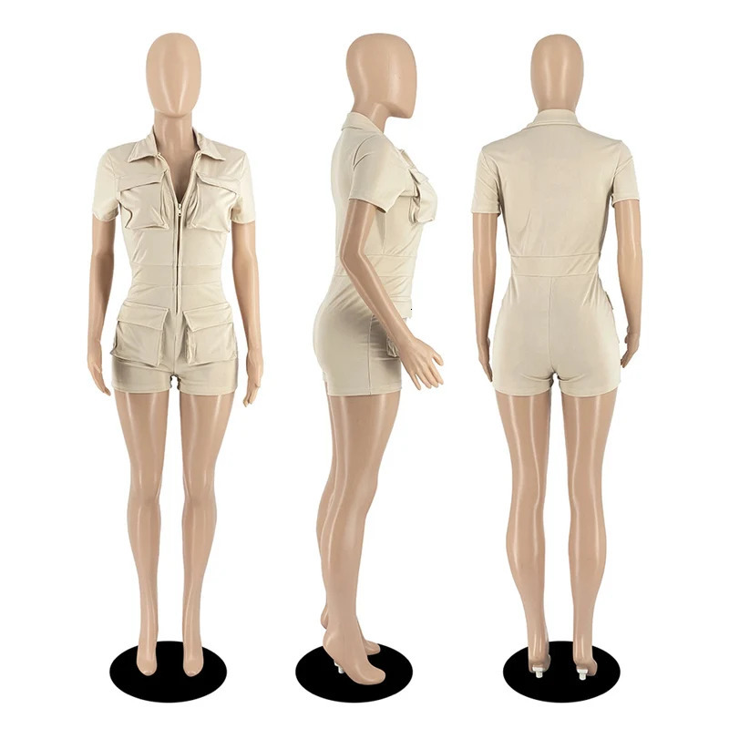 Street clothing front zipper pocket cargo jumpsuit Playsuit womens short sleeved lapel sports and leisure integrated jumpsuit shorts 240426