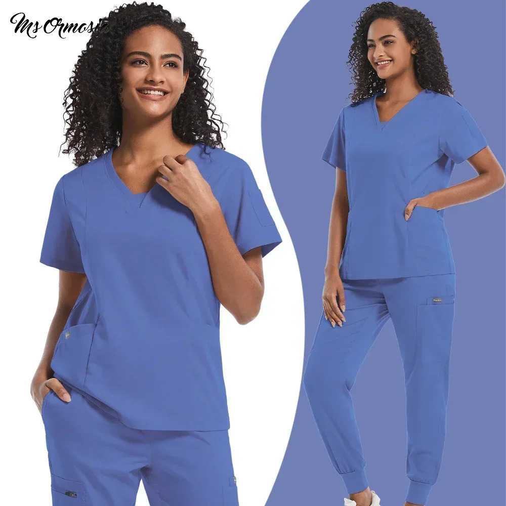 Scrubs Uniform Women Nurse Scrub Set Unisex Pocket Top Zipper Pants 2 Piece Joggers Suits Nursing Operating Room Clothes 240504