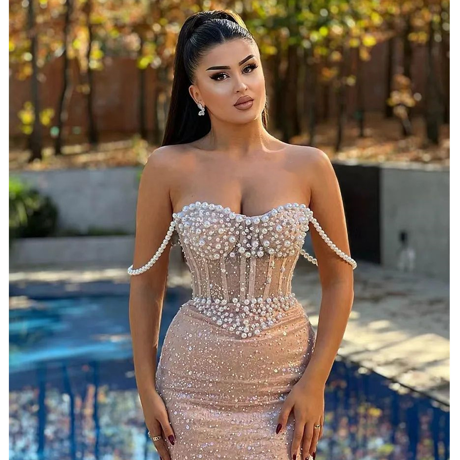 Luxury Pearls Women Evening Dresses Sweetheart Sleeveless Prom Gowns Sequins Beads Formal Party Dress For Party Custom Made Robe De Soiree