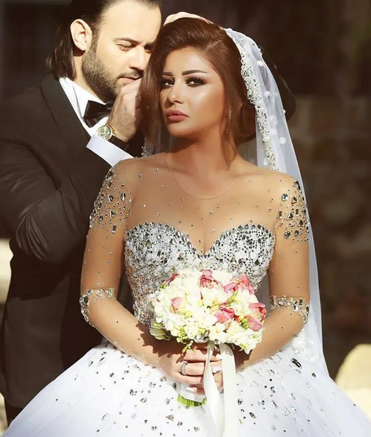 Dresses Crystal Bridal Gowns Beads Sheer Long Sleeves Wedding Dress Crystals Backless Or Length Tulle Bd019 6660312