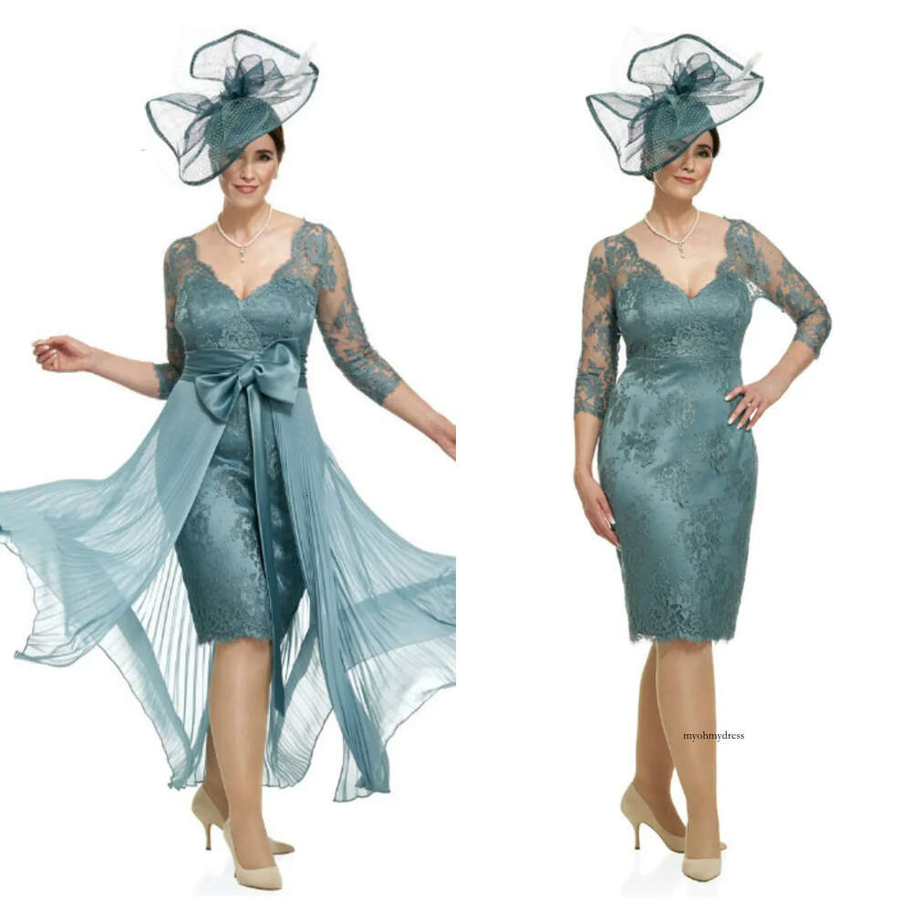 Modest Joyceyoungcollections V Neck 3/4 Long Sleeve Of The Bride With Detachable Train Lace Mother Dress Formal Evening Gowns 0508