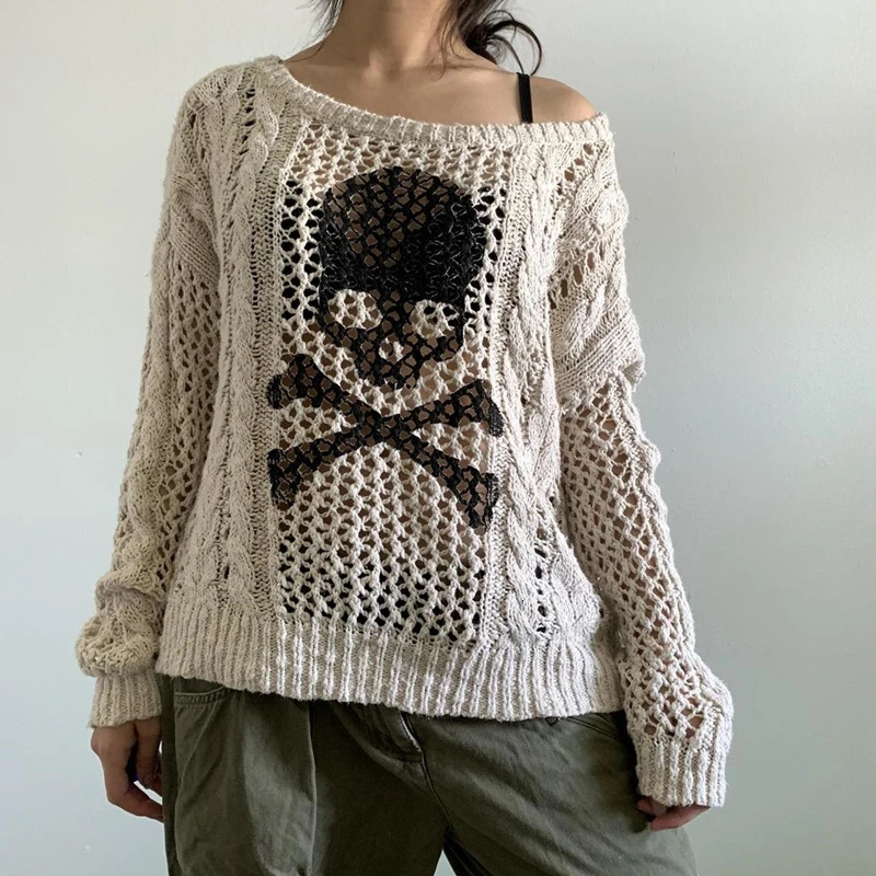 Harajuku Grunge Y2K Aesthetic Retro Jumper Skeleton Printed Hollow Knitted Sweater Autumn Full Set Handle 240426
