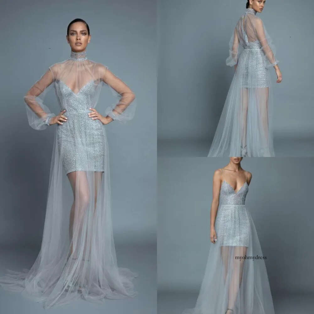 Plus Size Customized A Line Long Sleeve Prom Dresses High Neck Evening Dress Sequins Sweep Train Two Pieces Party Bridesmaid Gown 0508