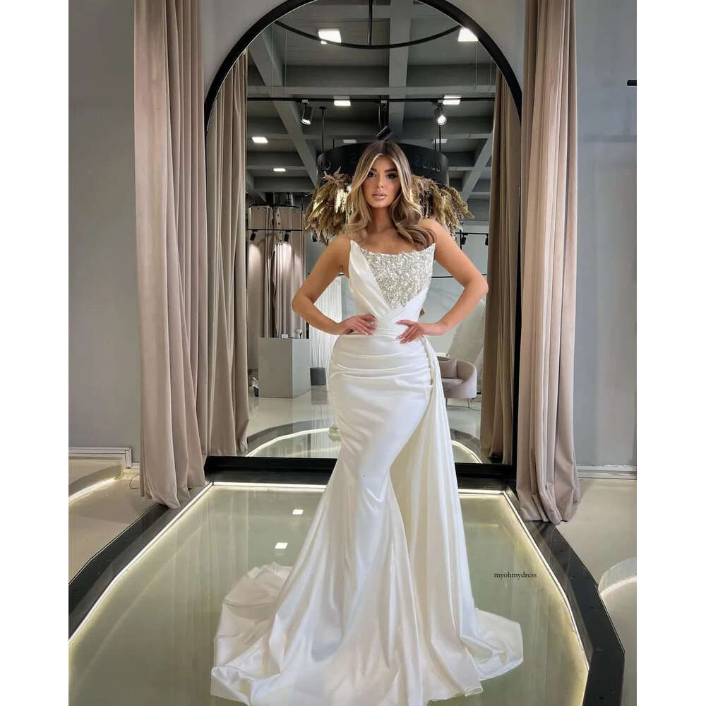 Elegant Mermaid Prom Sleeveless Bateau Appliques Sequins Sexy Floor Length Satin Diamonds Evening Dresses Bridal Gowns Plus Size Custom Made 0508