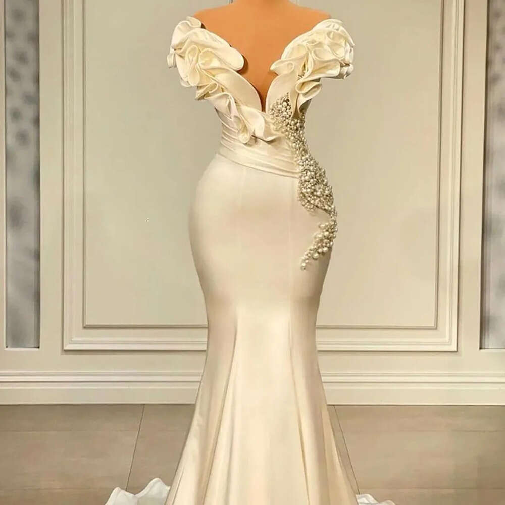 Dresses V-Neck Designer Mermaid Pearls Wedding Fashion Pleats Stain Court Backless Custom Made Plus Size Bridal Gown Vestidos De Novia